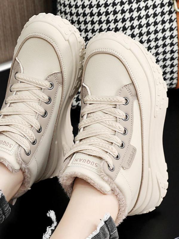 Women's Fashionable Patchwork Thermal Lined Lace Up Platform Sneakers, Casual Comfortable High Top Sports Shoes for Daily Wear, Female All-match Round Toe Chunky Sneakers for Fall & Winter