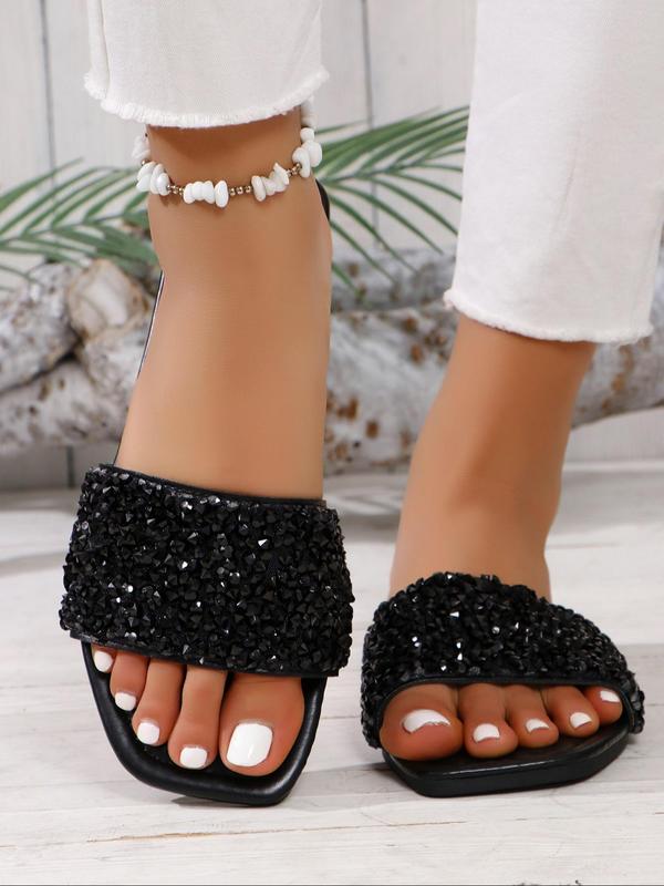 Women's Glitter Rhinestone Decorated Flat Sandals, Casual Summer Beach Sandals, Square Toe Slide Sandals, New Trendy Shoes for Women & Girls