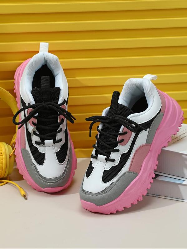 Fashion Colorblock Lace Up Low Top Platform Sneakers, Casual Comfortable Breathable Sports Running Shoes, Female All-match Round Toe Chunky Sneakers for Daily Wear