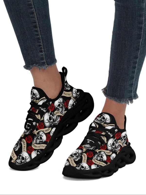 New Fashion Skull & Rose & Letters Print Lace Up Low Top Sneakers, Stylish All Over Print Designer Sneakers, All-match Round Toe Shoes for Daily Wear