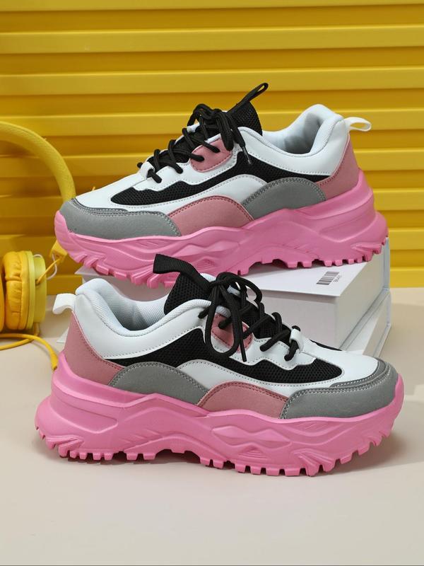 Fashion Colorblock Lace Up Low Top Platform Sneakers, Casual Comfortable Breathable Sports Running Shoes, Female All-match Round Toe Chunky Sneakers for Daily Wear