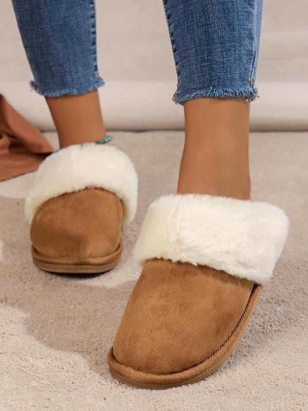 Women's Solid Color Fluffy Slippers Perfect for Valentine's Day Gift, Casual Soft Comfortable Contrast Faux Fur Trim Home Slippers, Warm Slippers for Indoor Use for Fall & Winter