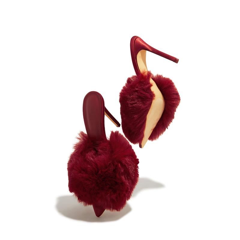 Cherie Faux Fur High Heel Mules - Cherry