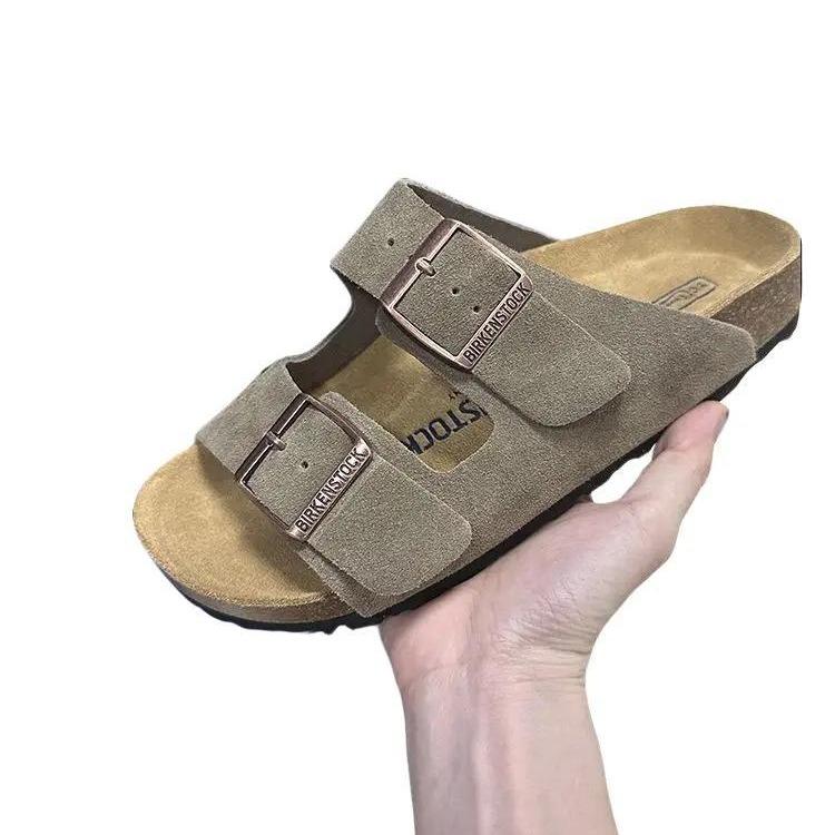 Original Birkenstock Leather Cork Slippers – Unisex Double-Buckle Flip-Flops, Thick-Soled Outerwear Sandals