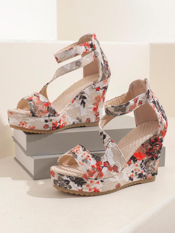 Women's Floral Pattern Platform Wedge Sandals, Boho Style Casual Vacation Beach Wedge Pumps, Fashionable Sandals for Daily Wear