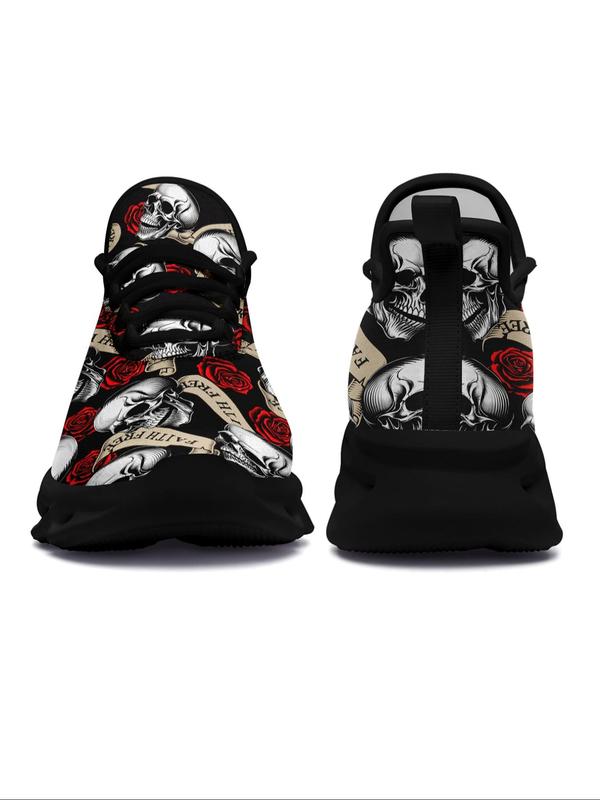 New Fashion Skull & Rose & Letters Print Lace Up Low Top Sneakers, Stylish All Over Print Designer Sneakers, All-match Round Toe Shoes for Daily Wear