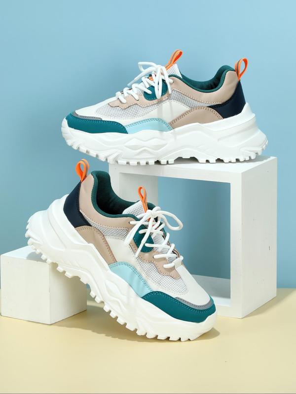 Fashion Colorblock Lace Up Low Top Platform Sneakers, Casual Comfortable Breathable Sports Running Shoes, Female All-match Round Toe Chunky Sneakers for Daily Wear