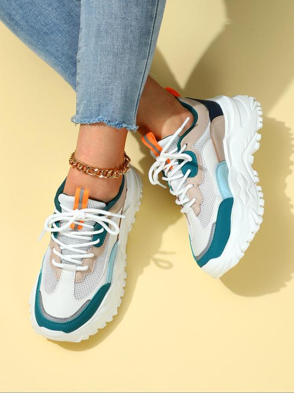 Fashion Colorblock Lace Up Low Top Platform Sneakers, Casual Comfortable Breathable Sports Running Shoes, Female All-match Round Toe Chunky Sneakers for Daily Wear