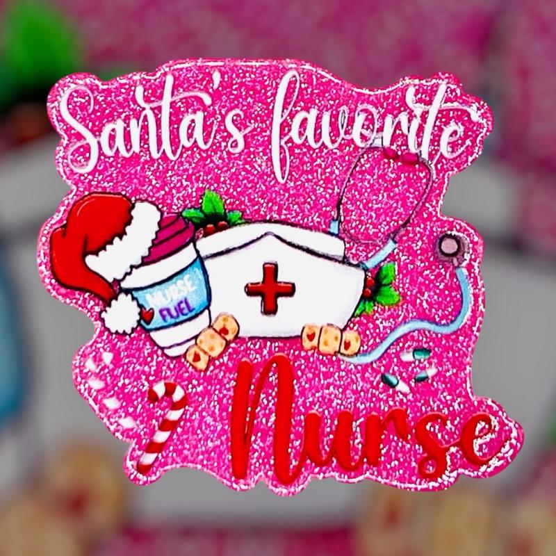 Santa’s Favorite Nurse Glitter Flatback Set of 2 for Badgereels