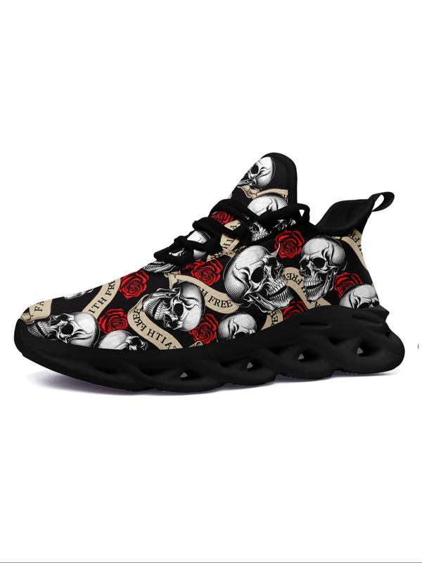 New Fashion Skull & Rose & Letters Print Lace Up Low Top Sneakers, Stylish All Over Print Designer Sneakers, All-match Round Toe Shoes for Daily Wear