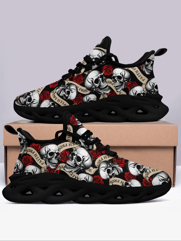 New Fashion Skull & Rose & Letters Print Lace Up Low Top Sneakers, Stylish All Over Print Designer Sneakers, All-match Round Toe Shoes for Daily Wear