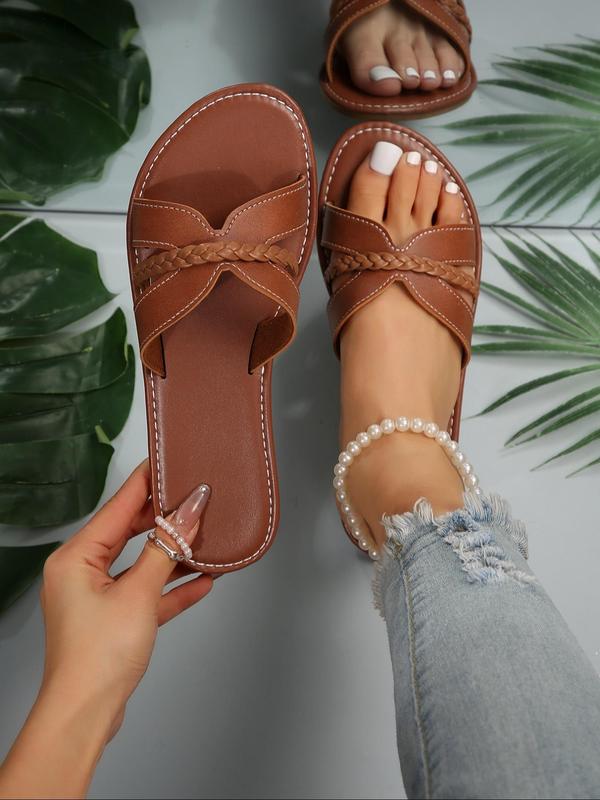 New Fashion Comfort Braided Design Flat Sandals Women, Trendy Hollow Out Design Slip on Tan Sandals for Women 2024, Stylish Casual Designer Sandals for Summer Daily Wear