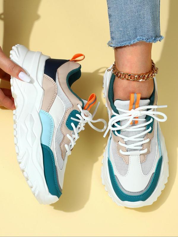 Fashion Colorblock Lace Up Low Top Platform Sneakers, Casual Comfortable Breathable Sports Running Shoes, Female All-match Round Toe Chunky Sneakers for Daily Wear