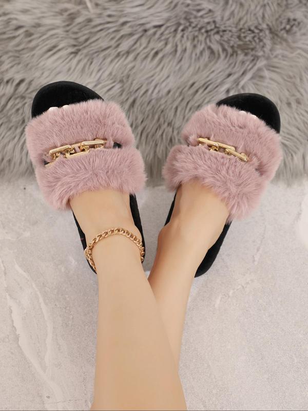 Women's Minimalist Chain Decor Plush Slippers, Casual Comfy Open Toe Fluffy Home Slippers, Trendy All-match Fuzzy Slippers, Warm Slippers for Fall & Winter