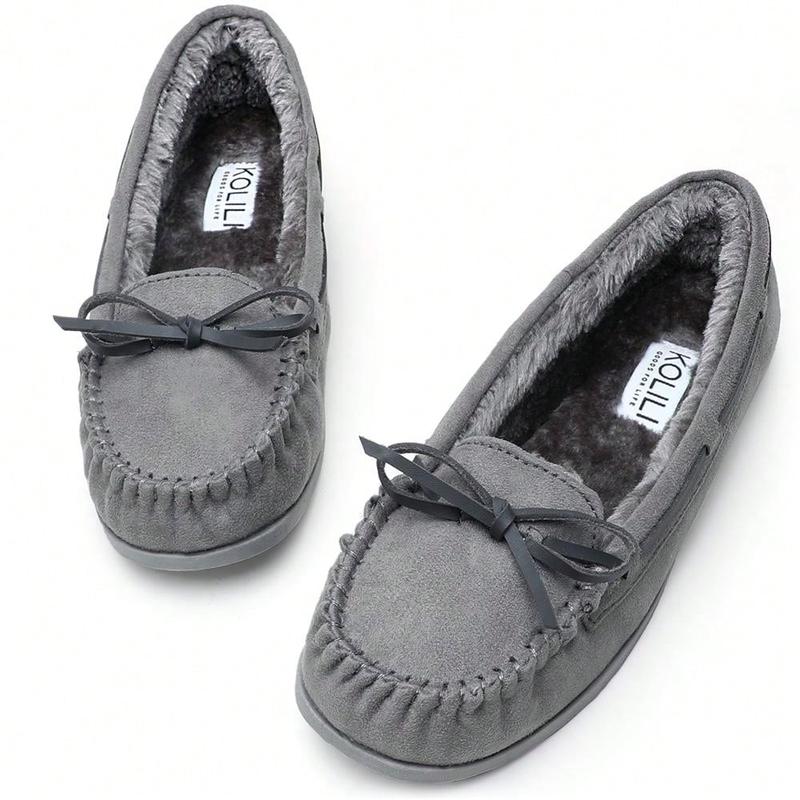 Womens Faux Fur Moccasin Slippers, Indoor Outdoor Warm & Cozy House Shoes With Durable Rubber Sole