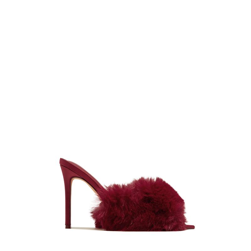 Cherie Faux Fur High Heel Mules - Cherry