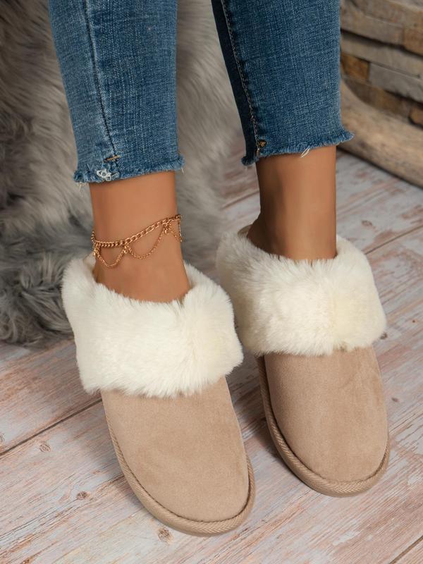 Women's Solid Color Fluffy Slippers Perfect for Valentine's Day Gift, Casual Soft Comfortable Contrast Faux Fur Trim Home Slippers, Warm Slippers for Indoor Use for Fall & Winter