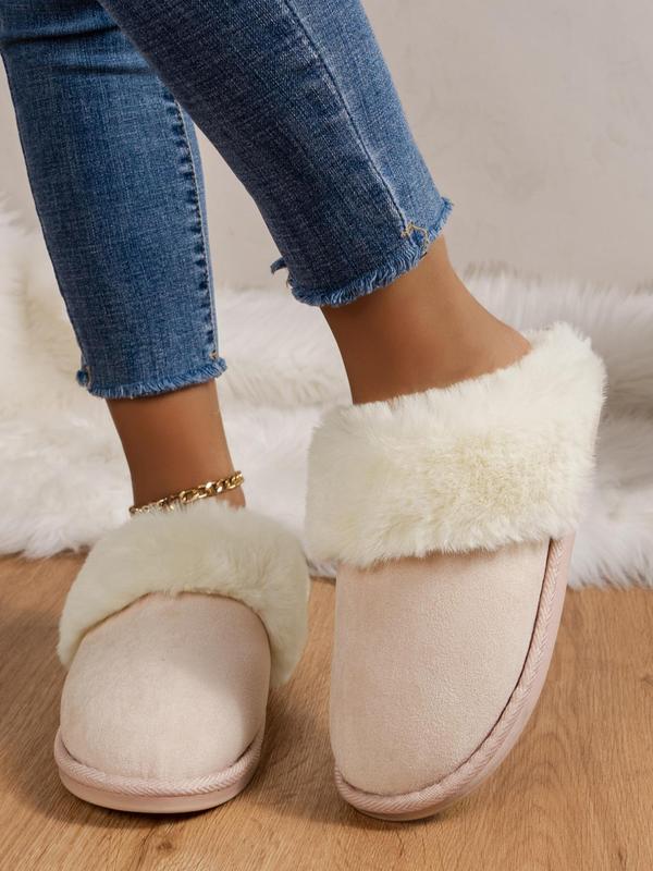 Women's Solid Color Fluffy Slippers Perfect for Valentine's Day Gift, Casual Soft Comfortable Contrast Faux Fur Trim Home Slippers, Warm Slippers for Indoor Use for Fall & Winter