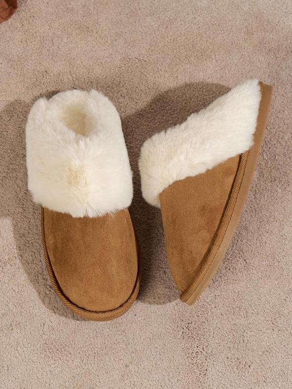 Women's Solid Color Fluffy Slippers Perfect for Valentine's Day Gift, Casual Soft Comfortable Contrast Faux Fur Trim Home Slippers, Warm Slippers for Indoor Use for Fall & Winter