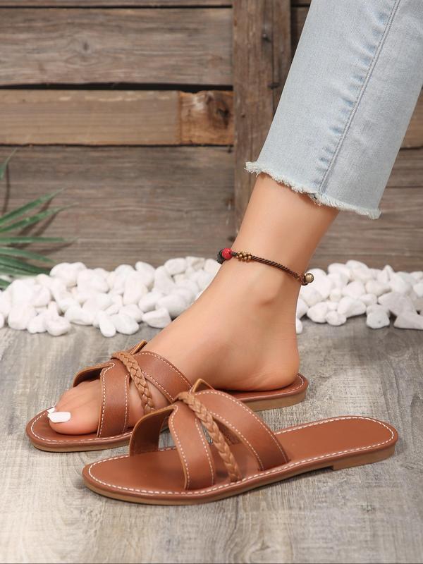 New Fashion Comfort Braided Design Flat Sandals Women, Trendy Hollow Out Design Slip on Tan Sandals for Women 2024, Stylish Casual Designer Sandals for Summer Daily Wear