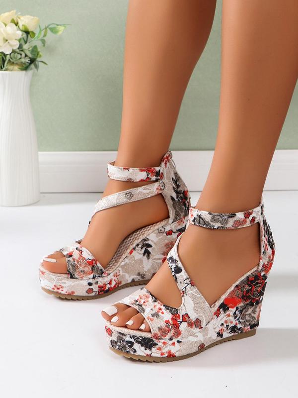 Women's Floral Pattern Platform Wedge Sandals, Boho Style Casual Vacation Beach Wedge Pumps, Fashionable Sandals for Daily Wear