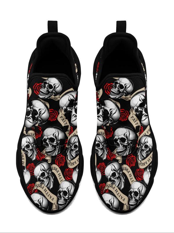 New Fashion Skull & Rose & Letters Print Lace Up Low Top Sneakers, Stylish All Over Print Designer Sneakers, All-match Round Toe Shoes for Daily Wear