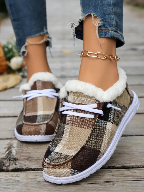 Women's Fashionable Plaid Pattern Lace Up Low Top Sneakers, Casual Comfortable Warm Slip-on Shoes for Fall & Winter, Female All-match Round Toe Shoes for Daily Wear