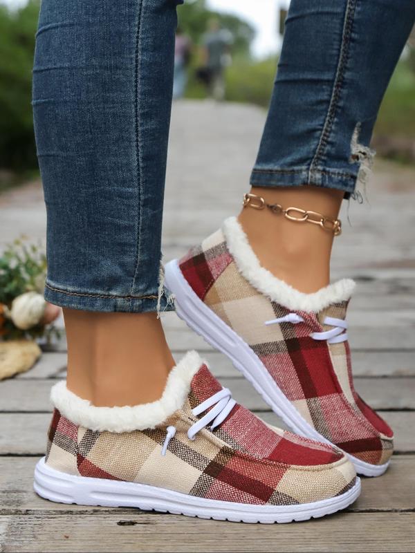 Women's Fashionable Plaid Pattern Lace Up Low Top Sneakers, Casual Comfortable Warm Slip-on Shoes for Fall & Winter, Female All-match Round Toe Shoes for Daily Wear