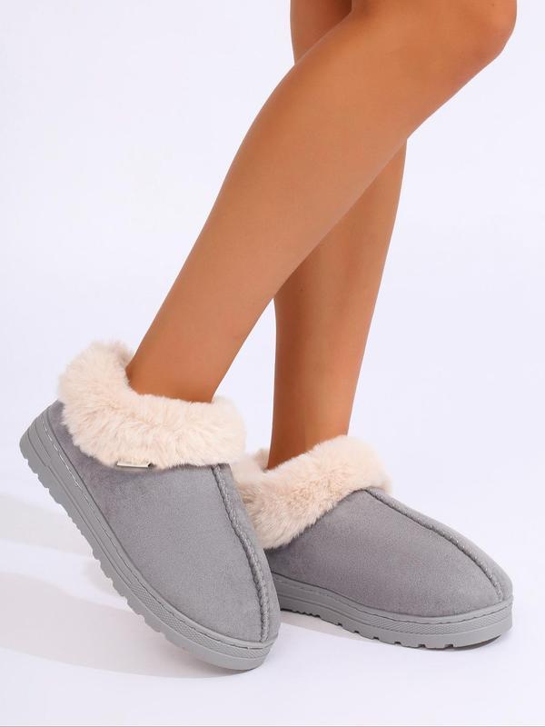 Women's Solid Color Plush Lining Slip on Snow Boots, Casual Comfortable Home Slippers, Warm Shoes for Indoor & Outdoor Wear