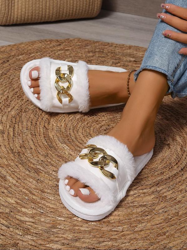 Women's Fashionable Chain Decor Plush Slippers, Casual Soft Comfortable Home Slippers, Warm Slippers for Indoor & Outdoor Use for Fall & Winter