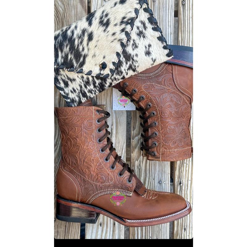 Botas Lacer - Tan Leather Laced Tooled Boots