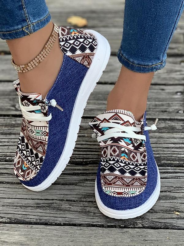 Women's 1 Pair Casual Geometric Print Lace-up Round Toe Sneakers, Boho Ethnic Pattern Design Comfortable Breathable Shoes for Daily Wear, Spring Nonslip Shoes for Beach Outdoor