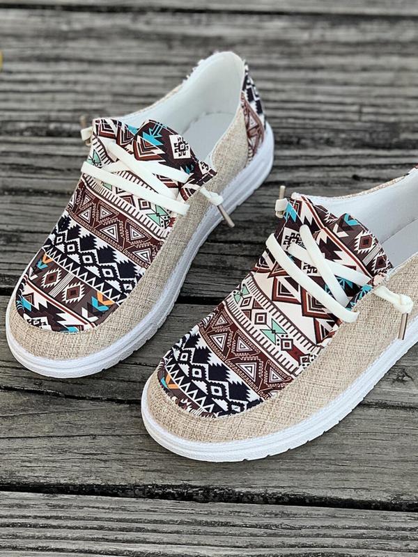 Women's 1 Pair Casual Geometric Print Lace-up Round Toe Sneakers, Boho Ethnic Pattern Design Comfortable Breathable Shoes for Daily Wear, Spring Nonslip Shoes for Beach Outdoor