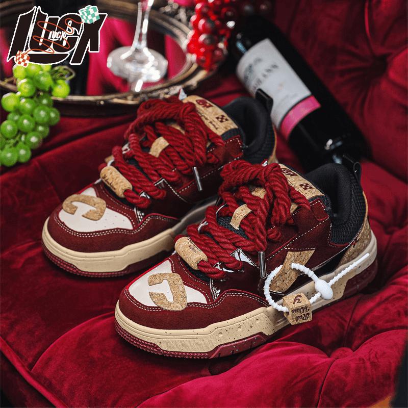 High-End Wine Red Platform Sneakers Men's Niche Sports Bread Shoes Low-Top Casual Trendy Shoes Men's and Women's