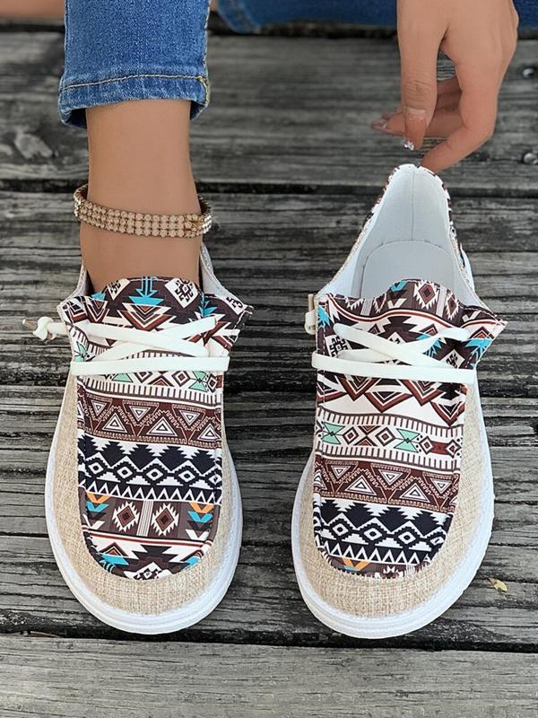 Women's 1 Pair Casual Geometric Print Lace-up Round Toe Sneakers, Boho Ethnic Pattern Design Comfortable Breathable Shoes for Daily Wear, Spring Nonslip Shoes for Beach Outdoor