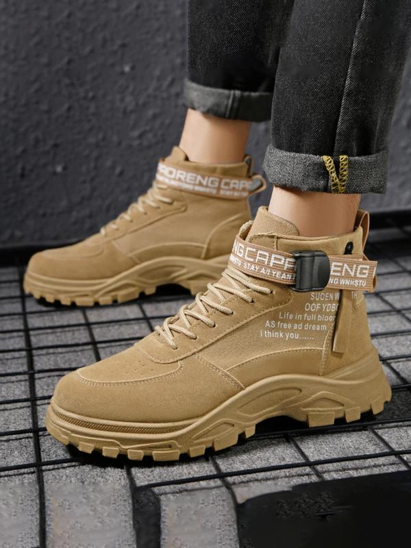 Men's Casual Letter Patched Design Lace up Front Pu Leather Boots, Fashionable Arch Soles Boots for Daily Wear, Comfortable and Versatile Men's Boots, Boys Shoes, Boy's Walking Shoes