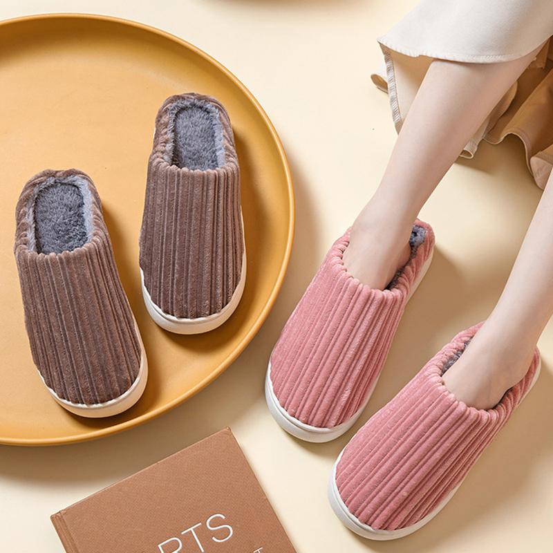 Unisex-Adult Winter Slippers Thickened Cotton Indoor Shoes Striped Fabric Slippers with Slip-On Sole for Winter Women Footwear Girl Walking Shoes