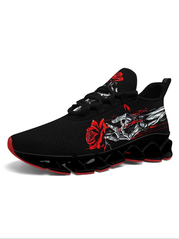 Men's Skeleton & Rose Print Lace Up Low Top Sneakers, Casual Comfortable Breathable Sports Running Shoes, Gym Training Sport Walking Shoes