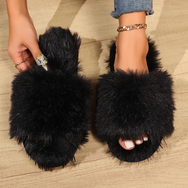 Women's Soft White Fluffy Open Toe Flat Slippers House Shoes Slippers Fuzzy Soft House Slippers Plush Furry Warm Cozy Open Toe Fluffy Home Shoes Comfy Indoor Outdoor Slip On Breathable