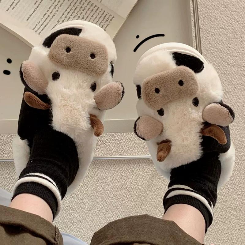 Winter Indoor Outdoor Slippers for Women Cartoon Cow Slippers Funny Novelty Soft Warm Slider