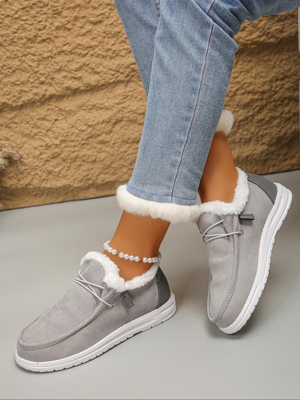 Women's Solid Color Lace Up Low Top Fuzzy Lined Shoes, Casual Comfortable Warm Thick Sole Boots for Fall & Winter, Female All-match Round Toe Shoes for Daily Wear