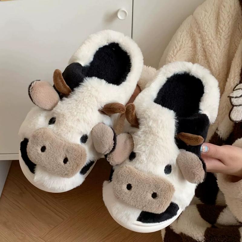 Winter Indoor Outdoor Slippers for Women Cartoon Cow Slippers Funny Novelty Soft Warm Slider