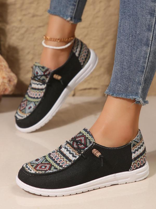 Women's Ethnic Pattern Lace Up Low Top Sneakers, Casual Comfortable Walking Shoes for Daily Wear, Female All-match Round Toe Shoes for Daily Wear