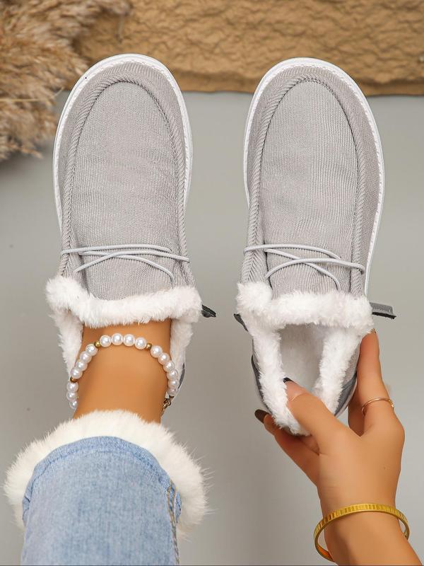 Women's Solid Color Lace Up Low Top Fuzzy Lined Shoes, Casual Comfortable Warm Thick Sole Boots for Fall & Winter, Female All-match Round Toe Shoes for Daily Wear