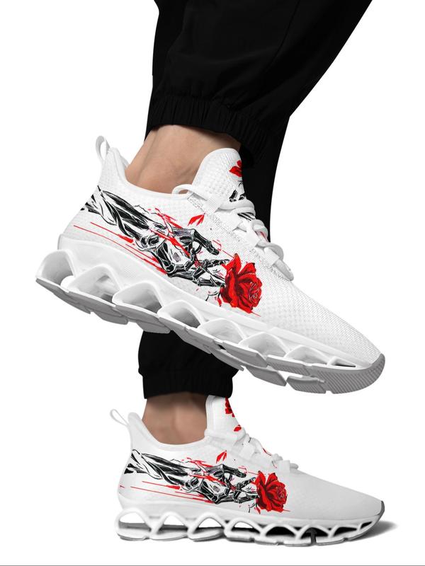 Men's Skeleton & Rose Print Lace Up Low Top Sneakers, Casual Comfortable Breathable Sports Running Shoes, Gym Training Sport Walking Shoes