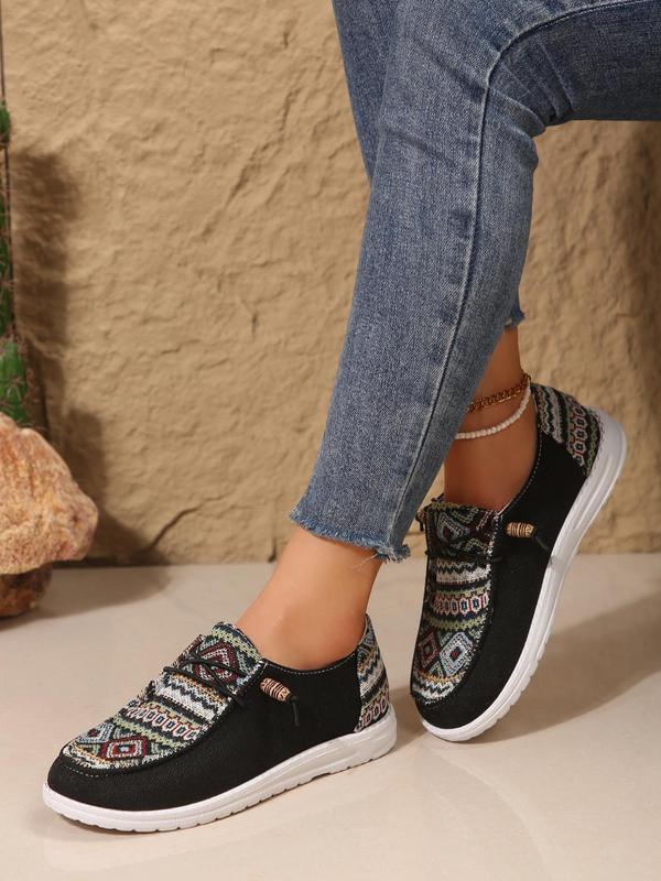 Women's Ethnic Pattern Lace Up Low Top Sneakers, Casual Comfortable Walking Shoes for Daily Wear, Female All-match Round Toe Shoes for Daily Wear