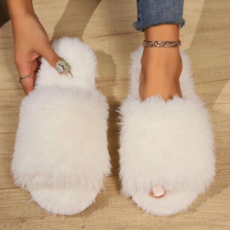 Women's Soft White Fluffy Open Toe Flat Slippers House Shoes Slippers Fuzzy Soft House Slippers Plush Furry Warm Cozy Open Toe Fluffy Home Shoes Comfy Indoor Outdoor Slip On Breathable