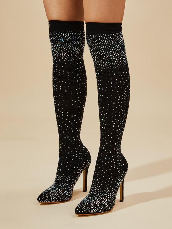 Women's Rhinestone Decorated Sock Boots, Fashionable Over-the-Knee Boots for Party, Daily Clothing Decor, High Heel Boots for Women & Girls Thigh High Boots