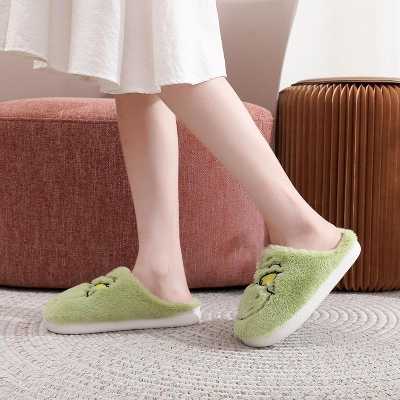 Thanksgiving shoes Daily delivery Unisex Cute Green Monster Design Soft Plush Casual Comfortable Home Slipers Shoes For Fall Winter, Christmas Indoor or Outdoor winter slipper indoor comfort Design Plush Slippers Design Fluffy Slippers   Footwear