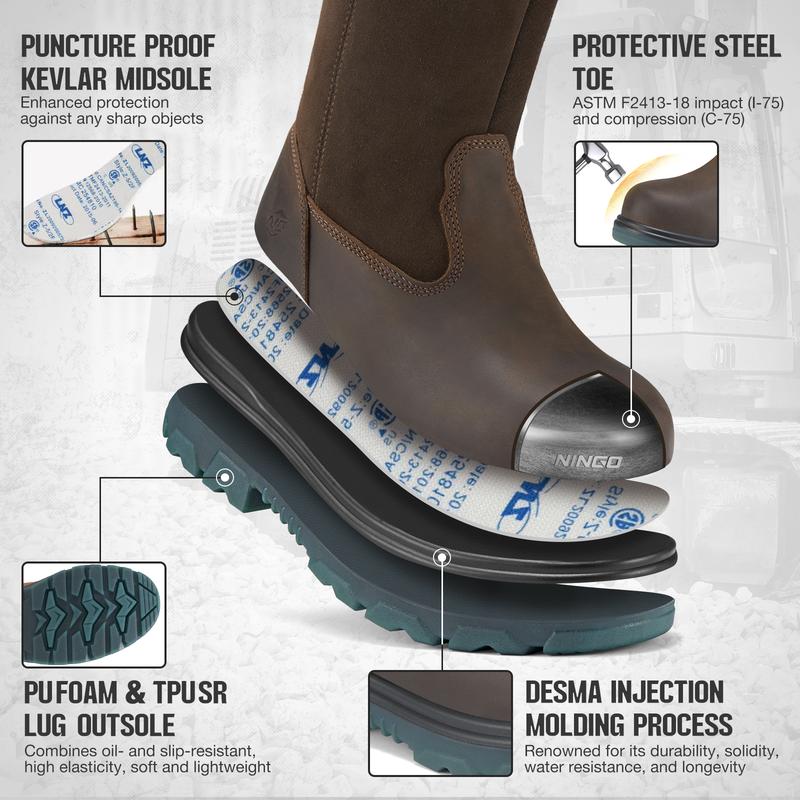 NINGO Steel Toe Work Boots for Men, Waterproof Wellington Boots with Full Grain Leather, Lightweight Safety Boots for Men, Oil and Slip Resistant,Pull On Work Boots for Men, for Construction, Farming